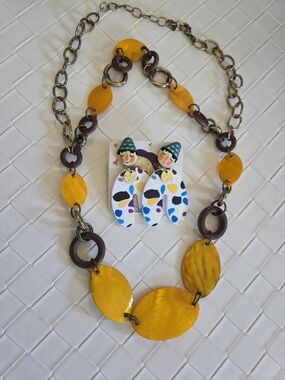 Funky 2pc Yellow Acrylic Link Necklace Ruby Rd Fun "EXTRA" Unique Earrings